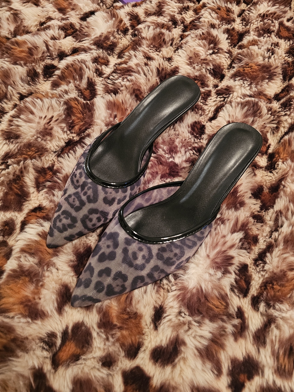 Amazon Women's Pointed Mule Slides in Charcoal Leopard Print